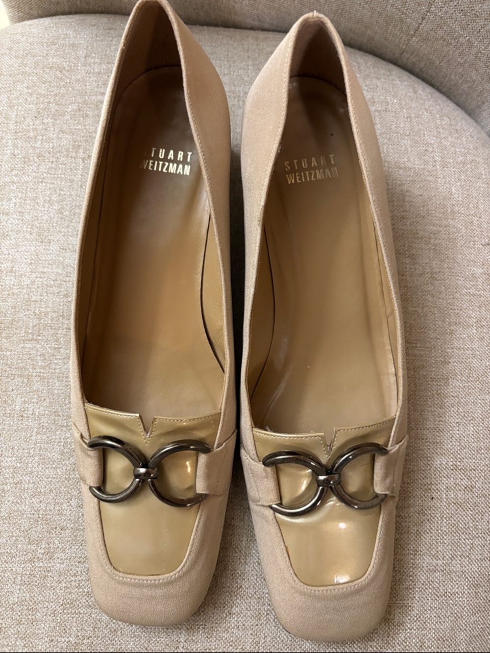 Stuart Weitzman Taupe Beige Leather & Suede Loafers with Double Ring Accent